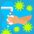 Background man washes his hands among green bacteria